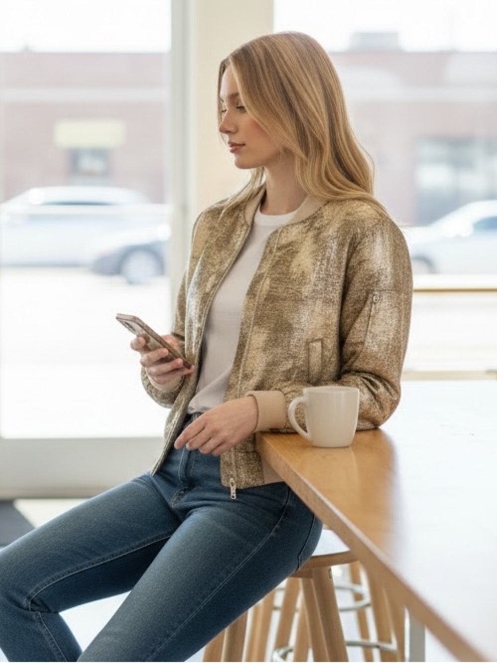 ZARA Neutral-Tone Textured Bomber Jacket - Picture 3 of 5